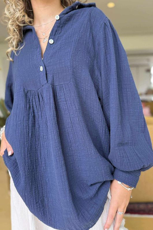 Made in Italy Santos Collared Peasant Smock Blouse Navy
